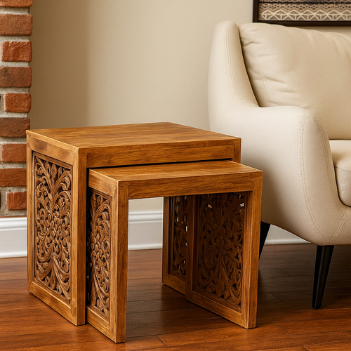 Hand-Carved Solid Mango Wood Nested Side Tables – Set of 2