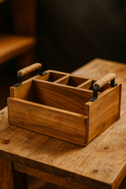 Handcrafted Wooden Kitchen Cutlery Holder – 4-Section Organizer for Spoons, Forks, Knives & Serving Utensils