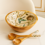 Handmade Mango Wood Hummingbird Flower Design Salad Medium Bowl Set with Spoons