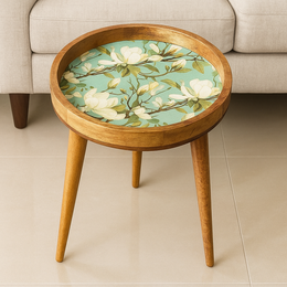 Handmade Green Floral Mango Wood Side Table with Detachable Legs