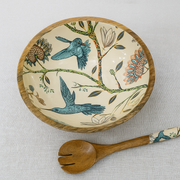 Handmade Mango Wood Hummingbird Flower Design Salad Medium Bowl Set with Spoons
