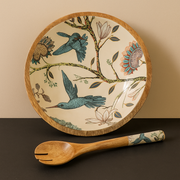 Handmade Mango Wood Hummingbird Flower Design Salad Medium Bowl Set with Spoons