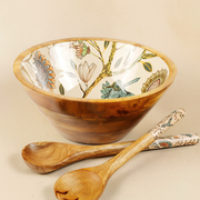 Handmade Mango Wood Hummingbird Flower Design Salad Medium Bowl Set with Spoons